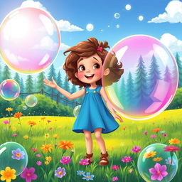 A vibrant illustration of a young girl named Ella embarking on an enchanting adventure with giant bubbles