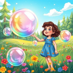 A vibrant illustration of a young girl named Ella embarking on an enchanting adventure with giant bubbles