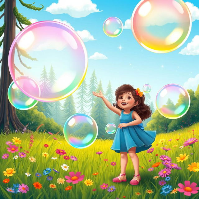 A vibrant illustration of a young girl named Ella embarking on an enchanting adventure with giant bubbles