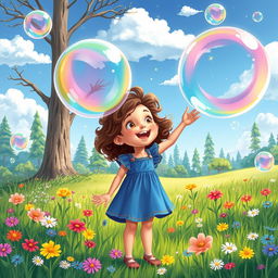 A vibrant illustration of a young girl named Ella embarking on an enchanting adventure with giant bubbles