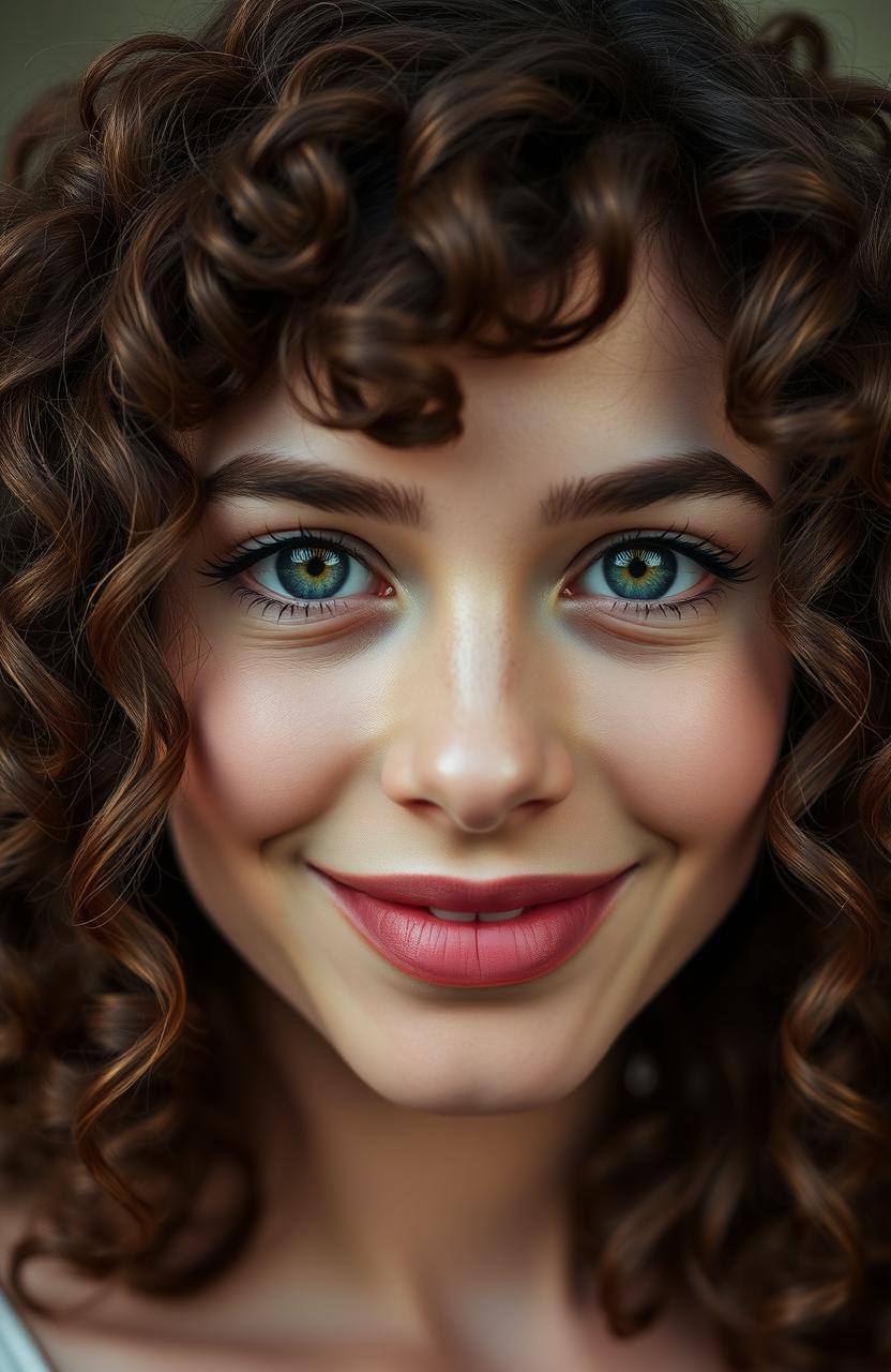 A very realistic portrait of a young woman with curly brown hair, big lips, and a beautifully thin and small nose