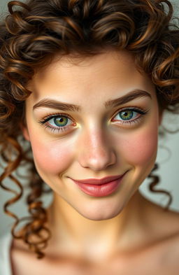 A very realistic portrait of a young woman with curly brown hair, big lips, and a beautifully thin and small nose