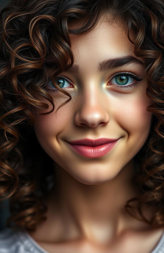 A very realistic portrait of a young woman with curly brown hair, big lips, and a beautifully thin and small nose