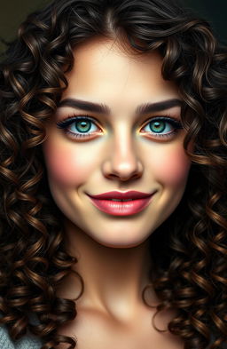 A very realistic portrait of a young woman with curly brown hair, big lips, and a beautifully thin and small nose