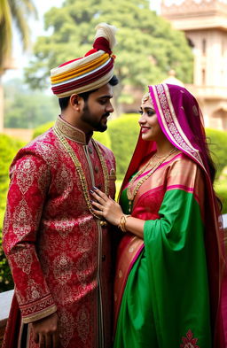 An Indian couple standing together in a beautiful outdoor setting, portraying themes of royalty and loyalty