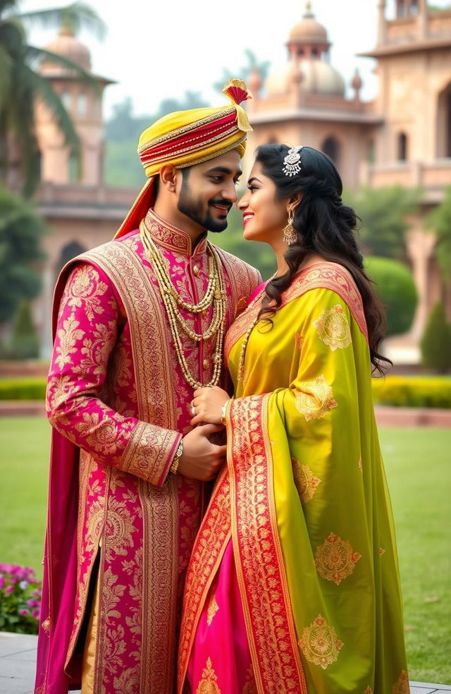 An Indian couple standing together in a beautiful outdoor setting, portraying themes of royalty and loyalty