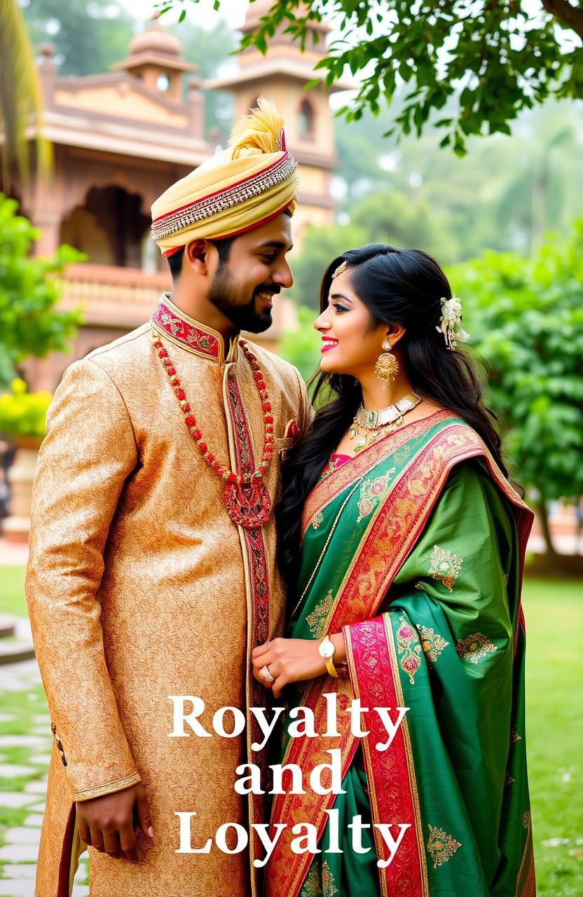 An Indian couple standing together in a beautiful outdoor setting, portraying themes of royalty and loyalty