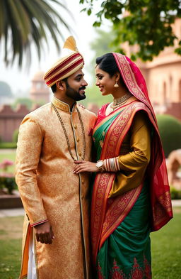 An Indian couple standing together in a beautiful outdoor setting, portraying themes of royalty and loyalty