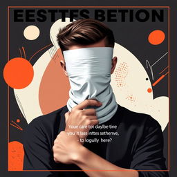 A contemporary editorial poster featuring a young man with his face covered, conveying a sense of mystery and intrigue