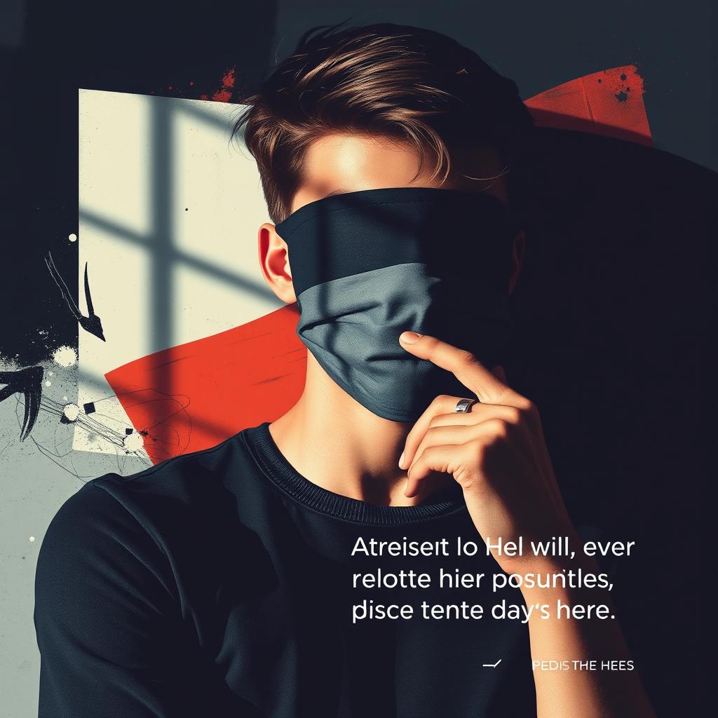 A contemporary editorial poster featuring a young man with his face covered, conveying a sense of mystery and intrigue