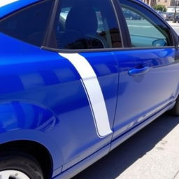 A 2008 blue Ford Focus with white side mirrors and a white rear spoiler