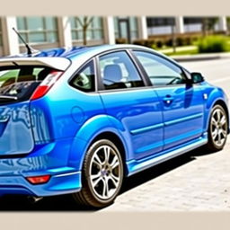 A 2008 blue Ford Focus with white side mirrors and a white rear spoiler