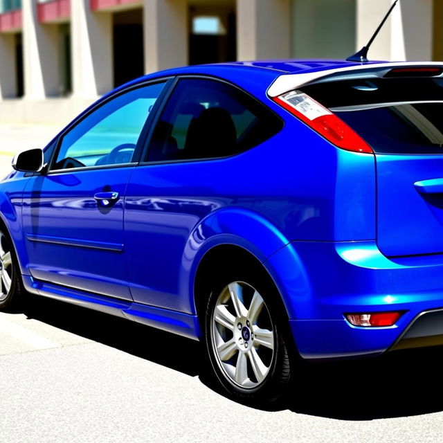 A 2008 blue Ford Focus with white side mirrors and a white rear spoiler