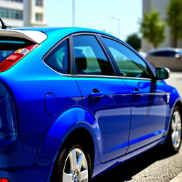A 2008 blue Ford Focus with white side mirrors and a white rear spoiler