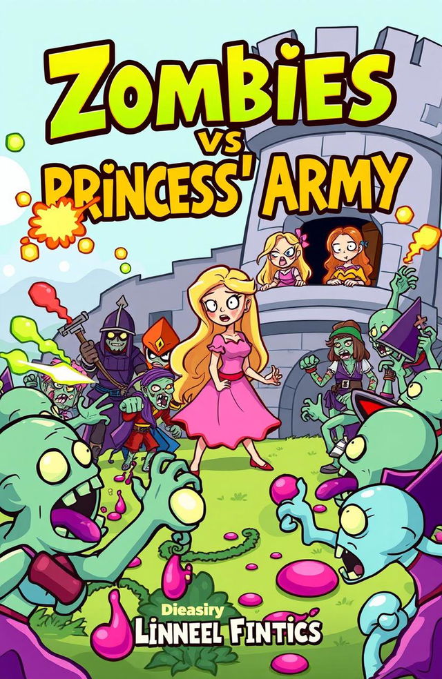 A colorful, cartoon-style book cover for 'Zombies vs the Princess' Army'