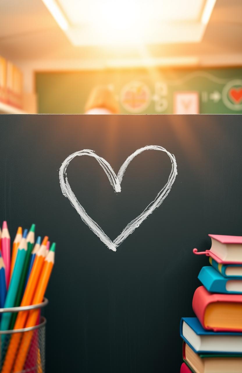 A close-up view of a heart-shaped symbol made of chalk on a blackboard, surrounded by colorful school supplies like pencils, crayons, and books