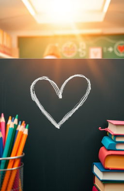 A close-up view of a heart-shaped symbol made of chalk on a blackboard, surrounded by colorful school supplies like pencils, crayons, and books