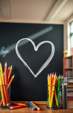 A close-up view of a heart-shaped symbol made of chalk on a blackboard, surrounded by colorful school supplies like pencils, crayons, and books