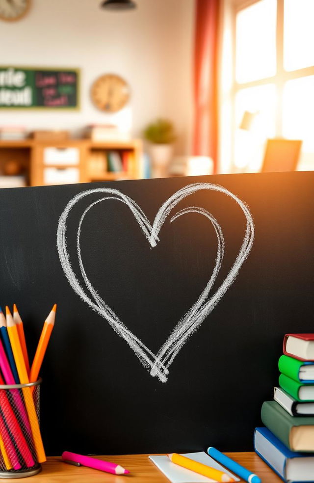 A close-up view of a heart-shaped symbol made of chalk on a blackboard, surrounded by colorful school supplies like pencils, crayons, and books