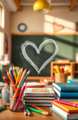 A close-up view of a heart-shaped symbol made of chalk on a blackboard, surrounded by colorful school supplies like pencils, crayons, and books