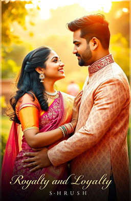 An aesthetic portrait of an Indian couple, radiating love and warmth, set against a picturesque backdrop that signifies royalty