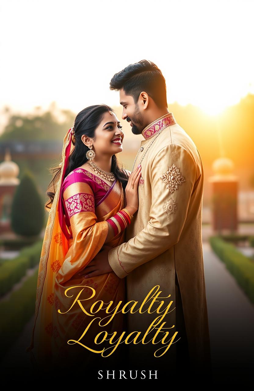 An aesthetic portrait of an Indian couple, radiating love and warmth, set against a picturesque backdrop that signifies royalty