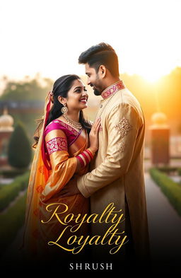 An aesthetic portrait of an Indian couple, radiating love and warmth, set against a picturesque backdrop that signifies royalty