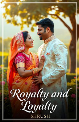 An aesthetic portrait of an Indian couple, radiating love and warmth, set against a picturesque backdrop that signifies royalty