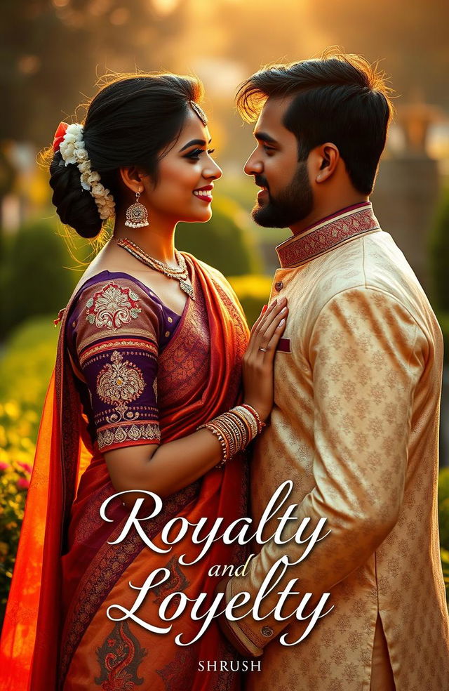 An aesthetic portrait of an Indian couple, radiating love and warmth, set against a picturesque backdrop that signifies royalty