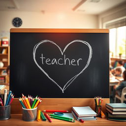 A heart-shaped symbol made of chalk on a blackboard, surrounded by colorful school supplies like pencils, crayons, and books