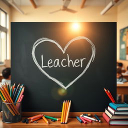 A heart-shaped symbol made of chalk on a blackboard, surrounded by colorful school supplies like pencils, crayons, and books