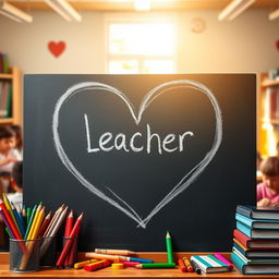 A heart-shaped symbol made of chalk on a blackboard, surrounded by colorful school supplies like pencils, crayons, and books