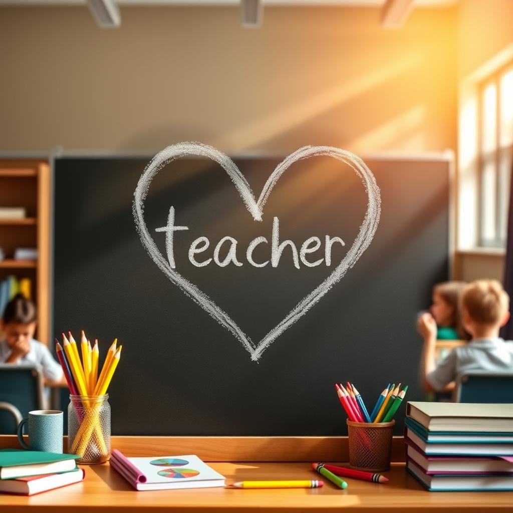 A heart-shaped symbol made of chalk on a blackboard, surrounded by colorful school supplies like pencils, crayons, and books