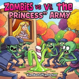 A colorful and playful cartoon book cover for "Zombies vs the Princess’ Army"