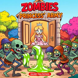 A colorful and playful cartoon book cover for "Zombies vs the Princess’ Army"