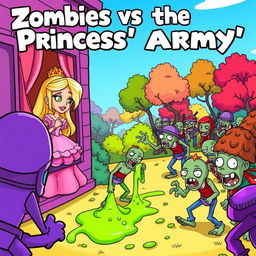 A colorful and playful cartoon book cover for "Zombies vs the Princess’ Army"