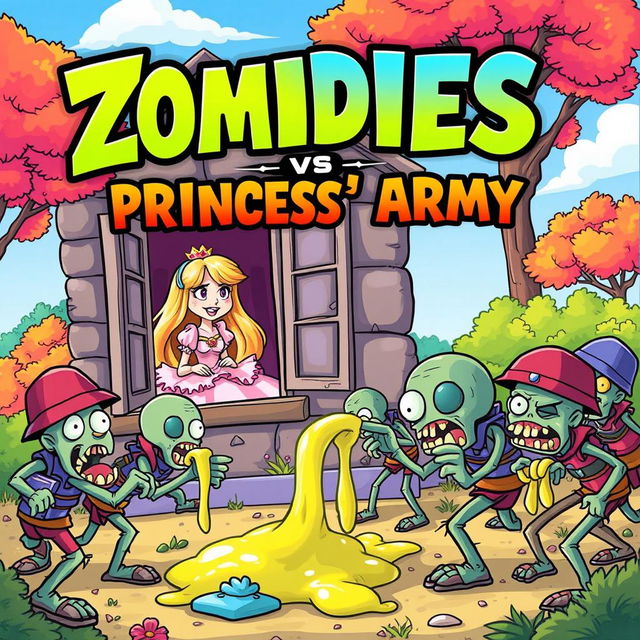 A colorful and playful cartoon book cover for "Zombies vs the Princess’ Army"