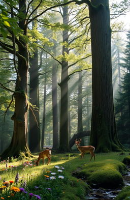 A serene forest scene where soft whispers float through the air, with sunlight filtering through the lush green leaves