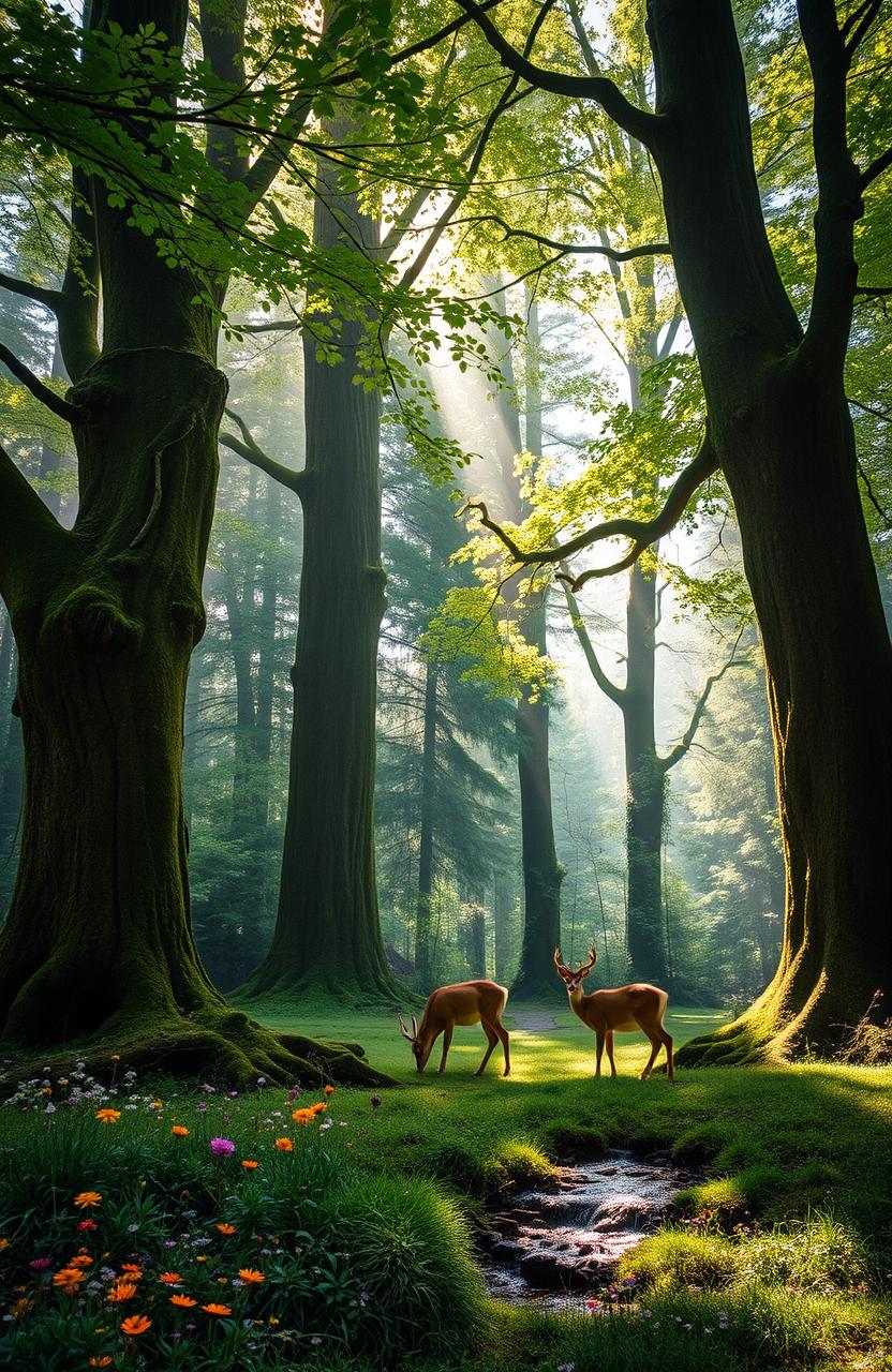 A serene forest scene where soft whispers float through the air, with sunlight filtering through the lush green leaves