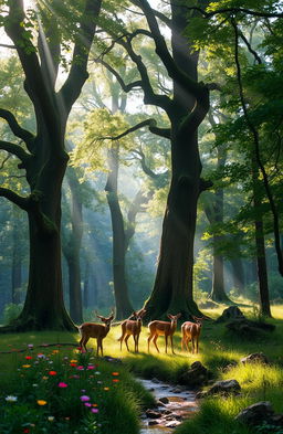 A serene forest scene where soft whispers float through the air, with sunlight filtering through the lush green leaves