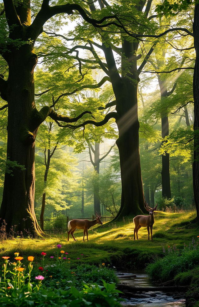 A serene forest scene where soft whispers float through the air, with sunlight filtering through the lush green leaves