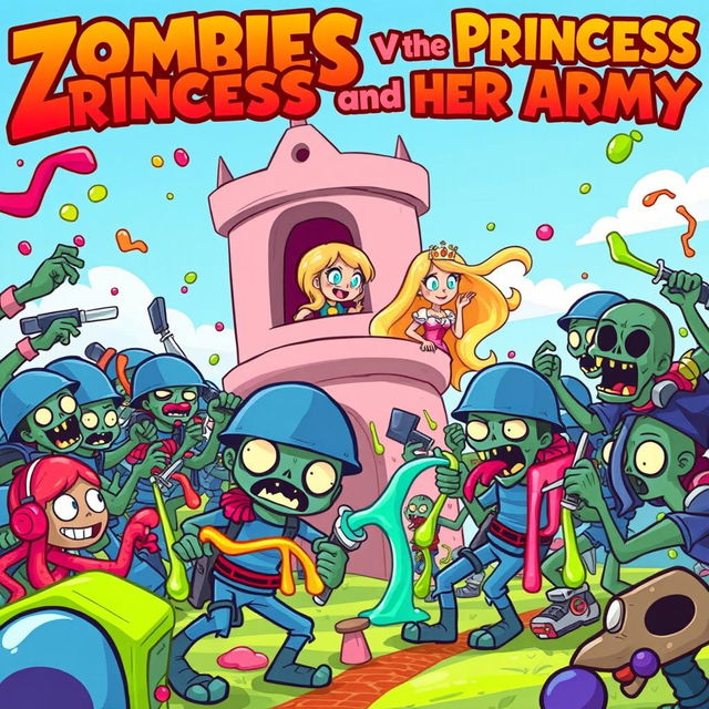 A vibrant and whimsical cartoon book cover for 'Zombies vs the Princess and Her Army'