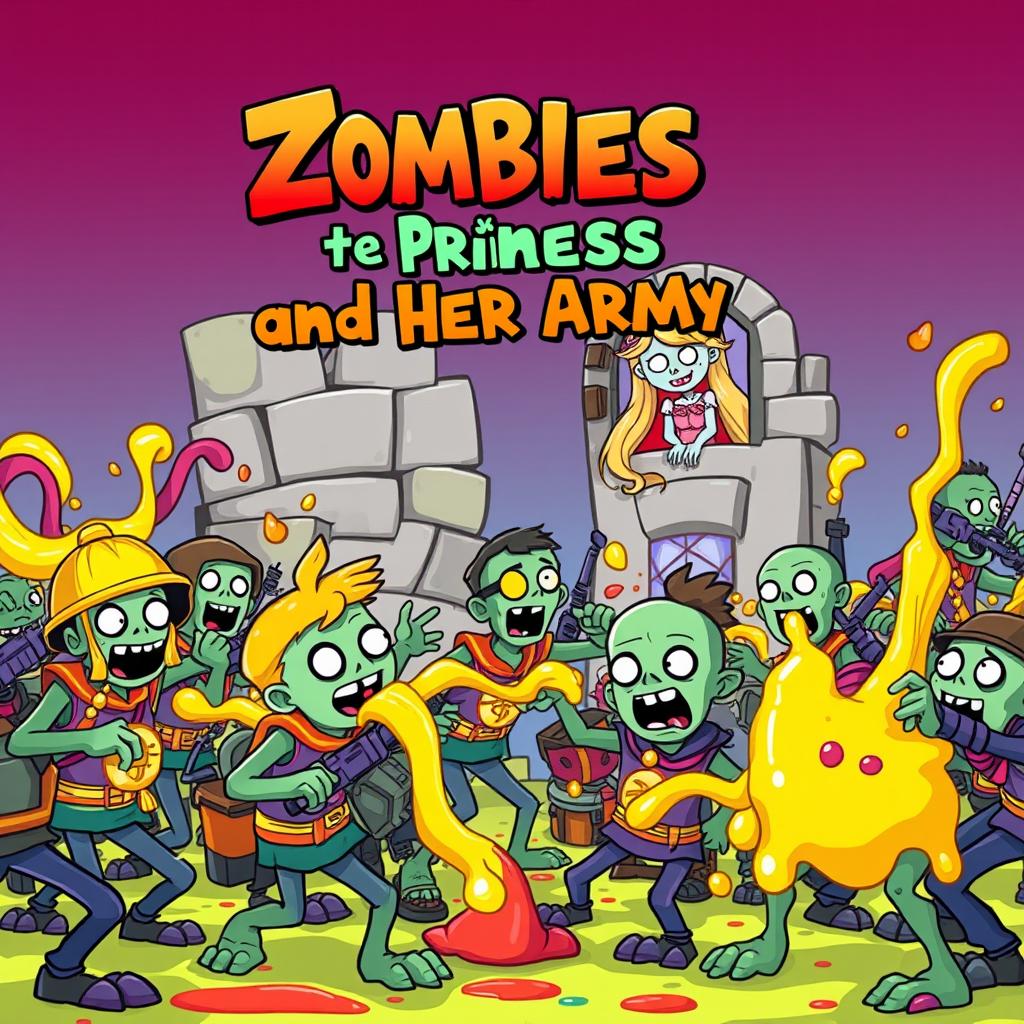 A vibrant and whimsical cartoon book cover for 'Zombies vs the Princess and Her Army'