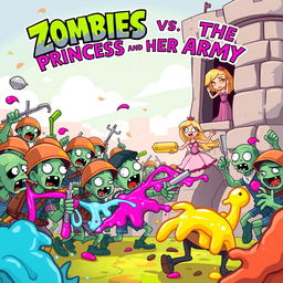 A vibrant and whimsical cartoon book cover for 'Zombies vs the Princess and Her Army'