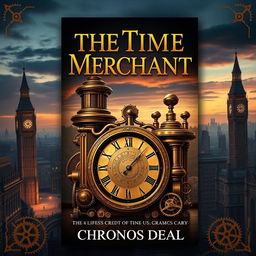 A captivating book cover design for 'The Time Merchant' by Chronos Deal, featuring a stunning steampunk-inspired clockwork time machine prominently displayed
