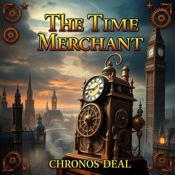 A captivating book cover design for 'The Time Merchant' by Chronos Deal, featuring a stunning steampunk-inspired clockwork time machine prominently displayed