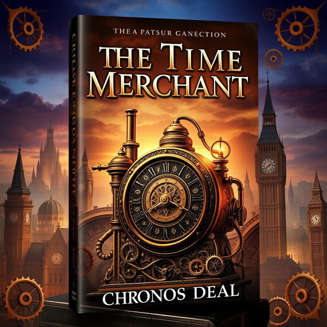 A captivating book cover design for 'The Time Merchant' by Chronos Deal, featuring a stunning steampunk-inspired clockwork time machine prominently displayed