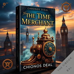 A captivating book cover design for 'The Time Merchant' by Chronos Deal, featuring a stunning steampunk-inspired clockwork time machine prominently displayed