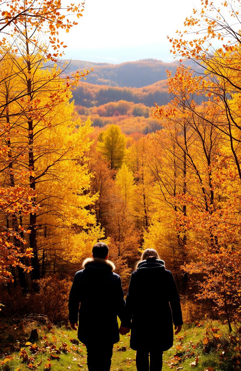 A beautiful autumn forest, filled with rich tones of yellow, orange, and red leaves