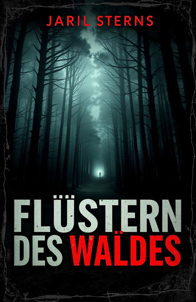 A gripping book cover design for a thriller novel titled 'Flüstern des Waldes'